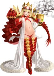 Rule 34 | 1girl, absurdres, ahoge, bikini, blonde hair, braid, breasts, criss-cross halter, crown, dragon claw, dragon tail, elbow gloves, facial mark, fate/grand order, fate/grand order arcade, fate (series), french braid, full body, gloves, hair bun, hair intakes, hair ribbon, halterneck, highres, long hair, looking at viewer, navel, nero claudius (fate), nero claudius (fate) (all), open clothes, open mouth, queen draco (fate), queen draco (second ascension) (fate), red bikini, red eyes, red ribbon, ribbon, robe, scales, single hair bun, small breasts, smile, solo, swimsuit, tail, white gloves, white robe, yamaneko (tkdrumsco)