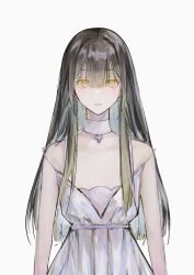 Rule 34 | 1girl, absurdres, black hair, blush, choker, dress, expressionless, flat chest, highres, long hair, looking at viewer, magpijuana, original, sleeveless, sleeveless dress, solo, straight-on, strap slip, upper body, very long hair, white background, yellow eyes
