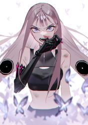 Rule 34 | 1girl, absurdres, black bra, blood, blue eyes, bra, bug, butterfly, chromatic aberration, highres, insect, looking at viewer, mechanical arms, nosebleed, open mouth, original, pink nails, single mechanical arm, solo, underwear, upper body, white background, yomiya sateko