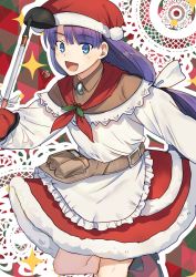 Rule 34 | 1girl, apron, belt, bow, brooch, brown belt, brown shirt, christmas, commentary, fate/grand order, fate (series), fur-trimmed skirt, fur trim, hair bow, hat, highres, holding, holding ladle, jewelry, ladle, long hair, long sleeves, looking at viewer, martha (fate), martha (santa) (fate), mittens, nikame, open mouth, purple hair, red hat, red scarf, red skirt, santa hat, scarf, shirt, signature, skirt, smile, solo, tongue, white apron, white bow