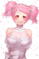 Rule 34 | 1girl, arms behind back, bad id, bad pixiv id, bare shoulders, blush, bodice, breasts, cleavage, corset, detached sleeves, eyelashes, flower, grin, hair flower, hair ornament, head wreath, highres, king&#039;s raid, large breasts, looking at viewer, petals, pink hair, red eyes, rehartna (king&#039;s raid), see-through, short hair, short sleeves, smile, solo, thighhighs, upper body, white background, white sleeves, yu mochi (kamiinu)