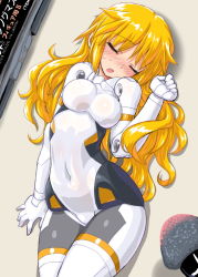 Rule 34 | 10s, 1girl, :o, arnval, bad id, bad pixiv id, blonde hair, blush, bodysuit, breasts, busou shinki, covered navel, dd (ijigendd), doll joints, closed eyes, hair down, joints, lying, makeup, makeup brush, medium breasts, on back, solo, sweatdrop