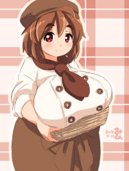 Rule 34 | 1girl, breast rest, breasts, brown hair, eno konoe, fat, hat, huge breasts, looking at viewer, mikomu, original, red eyes, smile, solo, standing, thick eyebrows