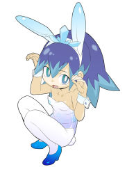 Rule 34 | 10s, 1girl, animal ears, aqua eyes, aqua hair, bare shoulders, fake animal ears, from above, fubukihime, full body, high heels, high ponytail, leotard, long hair, looking at viewer, multicolored hair, ookamiuo, open mouth, pantyhose, playboy bunny, purple hair, rabbit ears, rabbit tail, simple background, solo, squatting, tail, two-tone hair, white background, white pantyhose, wrist cuffs, traditional youkai, youkai watch