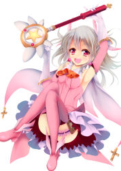 Rule 34 | 1girl, boots, dress, elbow gloves, fate/kaleid liner prisma illya, fate (series), feather hair ornament, feathers, gloves, feather hair ornament, highres, illyasviel von einzbern, kaleidostick, konkito, long hair, magical girl, pink footwear, prisma illya, red eyes, silver hair, solo, thigh boots, thighhighs, wand