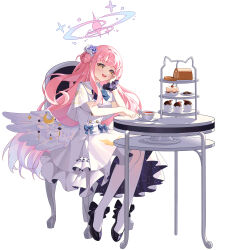 Rule 34 | 1girl, absurdres, black footwear, blue archive, blush, breasts, cake, capelet, chair, chinese commentary, commentary request, cup, dress, flower, food, frilled dress, frills, full body, hair bun, hair flower, hair ornament, halo, hand on own cheek, hand on own face, hand up, head rest, high heels, highres, long hair, looking at viewer, low wings, medium breasts, mika (blue archive), on chair, open mouth, pantyhose, pink hair, pink halo, scrunchie, simple background, single hair bun, single side bun, sitting, smile, solo, swiss roll, table, teacup, white background, white capelet, white dress, white pantyhose, white wings, wing ornament, wings, wrist scrunchie, yellow eyes, zhu fun (pixiv 21401851)