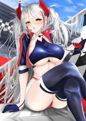 Rule 34 | 1girl, absurdres, alcohol, azur lane, belt, blurry, blurry background, boots, breasts, checkered flag, clothing cutout, cropped shirt, crossed legs, cup, drinking glass, earpiece, feet out of frame, flag, gloves, half gloves, highres, jacket, long hair, multicolored hair, official alternate costume, open clothes, open jacket, open mouth, panties, panty straps, prinz eugen (azur lane), prinz eugen (final lap) (azur lane), purple footwear, purple gloves, purple jacket, race queen, racetrack, red hair, red panties, short sleeves, silver hair, sitting, skindentation, solo, streaked hair, thigh boots, thighhighs, two-tone hair, two-tone skirt, underboob, underboob cutout, underwear, very long hair, ville87804, white belt, wine, wine glass, yellow eyes, zettai ryouiki, zipper