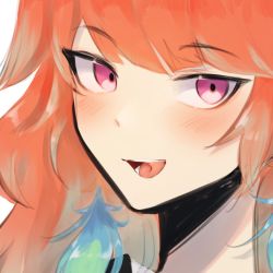 Rule 34 | 1girl, blush, close-up, daiishori, earrings, feather earrings, feathers, gradient hair, green hair, highres, hololive, hololive english, jewelry, licking lips, multicolored hair, orange hair, portrait, solo, takanashi kiara, tongue, tongue out, virtual youtuber
