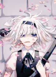 Rule 34 | 1girl, ascot, black ascot, black hairband, black ribbon, black vest, blood, blood from mouth, blood on face, blue eyes, collared shirt, eyebrows hidden by hair, hair ribbon, hairband, highres, holding, holding sword, holding weapon, konpaku youmu, looking at viewer, open mouth, pavement, petals, ribbon, shirt, solo, sword, touhou, upper body, vest, weapon, white hair, white shirt, yasato