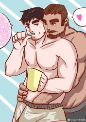 Rule 34 | . ., 2boys, akiyama (aki11018655), arm hair, bara, beard, black hair, boxers, brown hair, brushing teeth, couple, cup, dark-skinned male, dark skin, eye contact, facial hair, goatee stubble, grey male underwear, hand in underwear, hand under clothes, hands up, head on another&#039;s shoulder, heart, highres, holding, holding cup, jitome, long sideburns, looking at another, male focus, male underwear, mature male, mug, multiple boys, muscular, muscular male, mustache, nipples, original, pectorals, reach-around, short hair, sideburns, sparse stubble, spoken heart, spoken squiggle, squiggle, stubble, thick eyebrows, thick mustache, thick thighs, thighs, topless male, underwear, white male underwear, yaoi