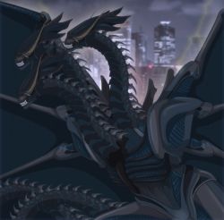 Rule 34 | absurdres, alien, alien (1979), arrancarfighter, city, crossover, dragon, dragon wings, electricity, fangs, godzilla (series), highres, horns, kaijuu, king ghidorah, monster, multiple heads, no eyes, no humans, science fiction, solo, teeth, wings, xenomorph
