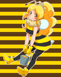 Rule 34 | 10s, 1girl, antennae, bee costume, black pantyhose, blonde hair, blush, brown eyes, cure honey, don (748826), earrings, full body, gloves, happinesscharge precure!, honey, jewelry, long hair, looking at viewer, name connection, object namesake, oomori yuuko, pantyhose, precure, shoes, sidelocks, skirt, smile, solo, striped clothes, striped skirt, wings, yellow footwear, yellow gloves