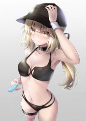 Rule 34 | 1girl, absurdres, artoria pendragon (all), artoria pendragon (fate), baseball cap, bikini, black bikini, black hat, blonde hair, blush, breasts, choker, cleavage, closed mouth, fate/stay night, fate (series), food, gradient background, grey background, hair between eyes, hane yuki, hat, highres, long hair, looking at viewer, medium breasts, navel, pale skin, ponytail, popsicle, saber alter, solo, standing, swimsuit, thigh strap, thighs, wristband, yellow eyes
