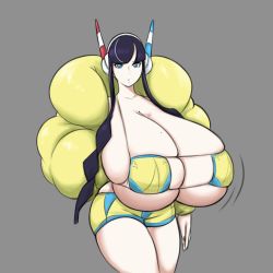 Rule 34 | 1girl, absurdres, alternate breast size, black hair, blue eyes, blunt bangs, breasts, creatures (company), elesa (pokemon), franktonius, game freak, gigantic breasts, grey background, gym leader, halterneck, headphones, highres, looking at viewer, midriff, mole, mole on breast, motion lines, nintendo, pokemon, pokemon bw2, revealing clothes, short hair with long locks, shorts, simple background, solo, standing