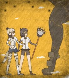Rule 34 | 10s, 2girls, african wild dog (kemono friends), animal ears, bear ears, paw stick, beige hair, beige shirt, bike shorts, black bow, black bowtie, black cellien (kemono friends), black eyes, black gloves, black hair, black shorts, black skirt, boots, bow, bowtie, brown bear (kemono friends), brown footwear, clenched hands, closed mouth, collared shirt, commentary request, crack, dog ears, dog tail, egyptian art, elbow gloves, fingerless gloves, from side, gloves, height difference, highres, holding, kemono friends, kita (7kita), legs apart, long sleeves, looking up, microskirt, multicolored hair, multiple girls, pantyhose, pleated skirt, profile, sandstar low, shirt, short hair, short sleeves, shorts, skirt, standing, tail, two-tone hair, white footwear, white hair, white shirt, wing collar, yellow background