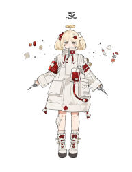Rule 34 | 1girl, :&lt;, armband, bandaged leg, bandages, blonde hair, blood, blood bag, blush, boots, bow, brown eyes, buttons, cancer (constellation), cancer (symbol), cancer (zodiac), closed mouth, constellation, cross, cross-laced footwear, doll joints, fake halo, flower, gem, hair bow, hair ornament, halo, holding, holding scissors, intravenous drip, jacket, joints, liquid, long jacket, long sleeves, looking ahead, looking at viewer, original, polka dot, polka dot bow, red armband, red bow, red cross, red flower, red gemstone, scissors, short hair, short twintails, starshadowmagician, syringe, twintails, white background, white bow, white footwear, white jacket, zodiac