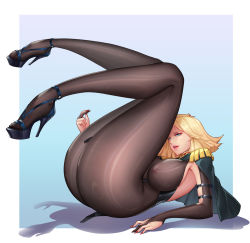 Rule 34 | 1girl, ass, blonde hair, blue eyes, bodysuit, breasts, capelet, dark night (darkotl), fingernails, full body, gradient background, gundam, high heels, highres, large breasts, legs up, lips, lipstick, long legs, lying, makeup, mobile suit gundam, nail polish, nipples, on back, open mouth, red nails, sayla mass, shadow, short hair, sideboob, skin tight, solo, thighs