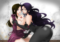 Rule 34 | 2girls, ahoge, arm grab, ass, asymmetrical docking, bare legs, bare shoulders, black dress, black gloves, black hair, blue eyes, breast press, breasts, breasts out, chikaburo, cleavage, clothes down, convenient censoring, dress, elbow gloves, female focus, fullmetal alchemist, gloves, homunculus, huge breasts, large breasts, leaning, leaning forward, legs, lips, lipstick, long hair, looking at viewer, looking back, lust (fma), makeup, monster girl, multiple girls, ouroboros, parted lips, purple dress, purple eyes, purple gloves, restrained, sideboob, sitting, sloth (fma), smile, strapless, strapless dress, tattoo, undressing, wavy hair, yuri