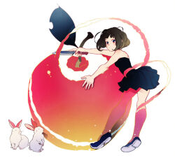 Rule 34 | 1girl, 21grams, :o, apple, apple peel, asymmetrical legwear, bare arms, black dress, black footwear, black hair, brown eyes, commentary request, dress, eyelashes, fingernails, food, fruit, full body, holding, holding knife, kneehighs, knife, leaf, light blush, looking at viewer, original, outstretched arms, oversized food, oversized object, pantyhose, parted lips, peeling, pleated skirt, rabbit, red pantyhose, red socks, shoes, short dress, short hair, simple background, single kneehigh, single leg pantyhose, single sock, skirt, socks, solo, strapless, strapless dress, white background