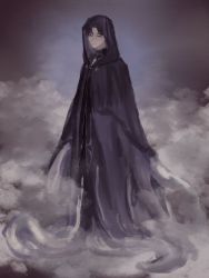 Rule 34 | 1boy, black cloak, black hair, black jacket, chinese commentary, cloak, commentary request, empty eyes, fog, highres, hood, hooded cloak, jacket, klein moretti, lord of the mysteries, smile, solo, tentacles, tentacles under clothes, yunshiguijitu