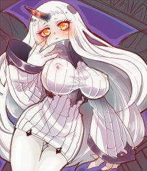 Rule 34 | 10s, 1girl, :&lt;, abyssal ship, bad id, bad pixiv id, bare shoulders, blush, breasts, detached sleeves, dress, covered erect nipples, hand on own cheek, hand on own face, horns, kantai collection, kero ko, large breasts, long hair, pale skin, red eyes, ribbed dress, seaport princess, short dress, single horn, solo, very long hair, white hair