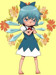 Rule 34 | 1girl, barefoot, blue eyes, blue hair, bow, cirno, crossed arms, feet, flower, full body, ice, ice wings, matching hair/eyes, onikobe rin, simple background, smile, smug, solo, toes, touhou, wings, yellow background