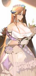 Rule 34 | 1girl, absurdres, areola slip, arknights, bare shoulders, blonde hair, blue eyes, bouquet, breasts, chinese commentary, choker, cleavage, commentary request, cowboy shot, dress, flower, gloves, head wreath, highres, holding, holding bouquet, horns, ken (1057168252), large breasts, long hair, nipples, off-shoulder dress, off shoulder, official alternate costume, saileach (appreciate fragrance) (arknights), saileach (arknights), see-through, see-through dress, solo, standing, very long hair, white choker, white dress, white gloves