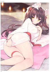 Rule 34 | 1girl, absurdres, animal ear fluff, animal ears, artist name, ass, bath, bath yukata, blade (galaxist), blush, border, bracelet, breasts, brown hair, cat ears, cat girl, closed mouth, clothes tug, covering privates, covering ass, eyelashes, from behind, highres, japanese clothes, jewelry, kimono, leg strap, long hair, long sleeves, looking at viewer, looking back, lying, medium breasts, obi, on side, onsen, original, page number, rock, sash, sidelocks, smile, solo, steam, thigh strap, thighlet, thighs, toranoana, twintails, very long hair, water, white border, yellow eyes, yukata