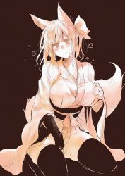 Rule 34 | 1girl, animal ears, black background, black gloves, black sash, black thighhighs, blush, breasts, closed mouth, collarbone, commentary request, fox girl, gloves, hair ribbon, japanese clothes, kimono, large breasts, long hair, looking at viewer, monochrome, original, ribbon, sash, sawaya (mizukazu), sitting, skindentation, solo, sweat, thighhighs, wide sleeves