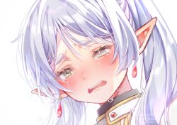 Rule 34 | 1girl, absurdres, blush, commentary request, crying, dangle earrings, earrings, elf, frieren, green eyes, highres, jewelry, long hair, open mouth, pointy ears, portrait, shikamori kodama, short eyebrows, simple background, solo, sousou no frieren, streaming tears, tearing up, tears, twintails, twitter username, white background, white hair
