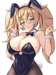 Rule 34 | 1girl, alternate costume, animal ears, armpit crease, black bow, black bowtie, black leotard, black pantyhose, blonde hair, blue eyes, blush, bow, bowtie, breasts, cleavage, cowboy, detached collar, fake animal ears, gambier bay (kancolle), hair between eyes, highres, kantai collection, large breasts, leotard, long hair, looking at viewer, montemasa, pantyhose, rabbit tail, simple background, solo, strapless, strapless leotard, tail, traditional bowtie, twintails, western, white background