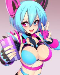 Rule 34 | 1girl, between breasts, black necktie, blue eyes, blue hair, breasts, brown background, cellphone, fingerless gloves, gloves, gradient background, hair between eyes, heterochromia, highres, holding, holding phone, large breasts, looking at viewer, multicolored clothes, multicolored gloves, necktie, necktie between breasts, open mouth, original, phone, pink eyes, selfie, short hair, slugbox, smile, solo, teeth, upper teeth only, v, vomi agogo (slugbox)