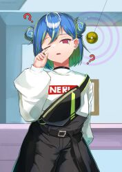 Rule 34 | 1girl, ?, @ @, absurdres, arm behind back, belt, black belt, black shorts, blue hair, coin, coin on string, commentary request, cowboy shot, dashed eyes, double bun, earclip, green hair, hair between eyes, hair bun, high-waist shorts, highres, holed coin, hypnosis, long sleeves, looking at viewer, medium bangs, mind control, mole, mole under eye, multicolored hair, nanashi inc., official alternate costume, open mouth, pendulum, pink eyes, rubbing eyes, shiranui enki, short hair, shorts, single strap, solo, suzumi nemo, suzumi nemo (2nd costume), sweater, two-tone hair, virtual youtuber, white sweater