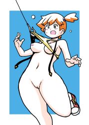 Rule 34 | 1girl, absurdres, back, bare arms, bare shoulders, blush, breasts, cleft of venus, creatures (company), female focus, game freak, gym leader, hair tie, highres, koutarosu, large breasts, legs, misty (pokemon), nintendo, nipples, open mouth, orange hair, pokemon, pokemon (anime), pokemon (classic anime), ponytail, pussy, shirt, short, shorts, side ponytail, simple background, sleeveless, solo, suspenders, sweat, sweatdrop, tank top, thick thighs, thighs, white background, wide hips, yellow shirt