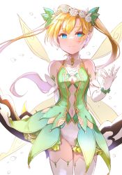 Rule 34 | 1girl, absurdres, blonde hair, blue eyes, blush, closed mouth, fairy wings, gloves, highres, long hair, looking at viewer, navel, petals, popo (stella glow), simple background, smile, stella glow, twintails, wings, zyoto24