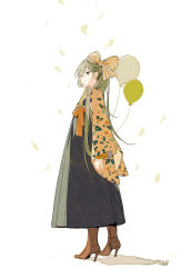 Rule 34 | 1girl, absurdres, bad id, bad pixiv id, balloon, black skirt, boots, bow, brown footwear, brown kimono, closed mouth, earrings, floral print, green hair, grey eyes, hair between eyes, hair bow, hatsune miku, high heel boots, high heels, highres, japanese clothes, jewelry, kimono, long hair, long sleeves, looking away, orange scrunchie, print kimono, scrunchie, shadow, skirt, sleeves past wrists, smile, solo, striped, striped bow, very long hair, vocaloid, white background, wide sleeves, wrist scrunchie, zhibuji loom