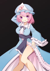 Rule 34 | 1girl, :p, black background, blue hat, blue kimono, breasts, closed mouth, commentary, frilled kimono, frills, hat, hekkmushi, highres, japanese clothes, kimono, large breasts, legs, long sleeves, looking at viewer, mob cap, pink eyes, pink hair, pink pupils, ribbon-trimmed sleeves, ribbon trim, saigyouji yuyuko, sash, short hair, simple background, solo, tongue, tongue out, touhou, triangular headpiece, wide sleeves