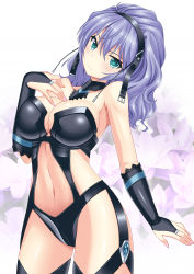 Rule 34 | 1girl, absurdres, aqua centolm, breasts, bridal gauntlets, cleavage, floral background, green eyes, hairband, hatsune haruka, highres, large breasts, navel, purple hair, revealing clothes, smile, super robot wars, super robot wars mx, wavy hair