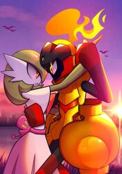 Rule 34 | armarouge, armor, artist name, bird, bob cut, capelet, creatures (company), dancing, diviously, dress, fire, from side, game freak, gardevoir, gen 3 pokemon, grass, green hair, highres, holding hands, nintendo, pink eyes, pokemon, pokemon (creature), skyline, sunset, white capelet, white dress, yellow armor