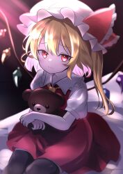 Rule 34 | absurdres, ascot, black thighhighs, blonde hair, collared shirt, crystal, dark background, flandre scarlet, hat, highres, looking at viewer, mob cap, puffy short sleeves, puffy sleeves, red eyes, red ribbon, red skirt, red vest, ribbon, rinkaito1231, shirt, short sleeves, sitting, skirt, stuffed animal, stuffed toy, teddy bear, thighhighs, touhou, vest, white shirt, wings, yellow ascot