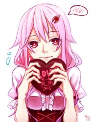 Rule 34 | 10s, 1girl, blush, candy, chocolate, chocolate heart, english text, flying sweatdrops, food, fyu-neru, guilty crown, hair ornament, hairclip, heart, highres, long hair, looking at viewer, pink hair, red eyes, solo, twintails, valentine, xuse air, yuzuriha inori