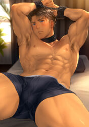 Rule 34 | 1boy, abs, armpit hair, bara, bed, black male underwear, blue eyes, blush, bound, bound wrists, brown hair, bulge, cuffs, erection, erection under clothes, handcuffs, highres, jim (mondi hl), large pectorals, lying, male focus, male underwear, mondi hl, muscular, muscular male, navel, nipples, on back, on bed, original, pectorals, short hair, solo, thick thighs, thighs, underwear