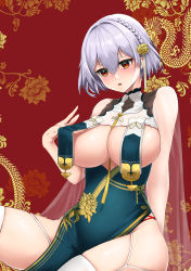 Rule 34 | 1girl, absurdres, azur lane, braid, breast curtains, breasts, china dress, chinese clothes, dragon, dress, eastern dragon, garter straps, grey dress, hair between eyes, highres, large breasts, light purple hair, official alternate costume, ojisan f, pelvic curtain, red background, red eyes, revealing clothes, ribbon between breasts, see-through, see-through sleeves, short hair, side braid, sirius (azur lane), sirius (azure horizons) (azur lane), solo, thighhighs, white thighhighs