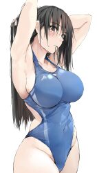 Rule 34 | 1girl, arms behind head, black hair, blue one-piece swimsuit, blush, breasts, brown eyes, character name, comb, competition swimsuit, copyright request, cowboy shot, highres, large breasts, looking at viewer, mole, mole on breast, mole under eye, one-piece swimsuit, solo, swimsuit, zekkyon