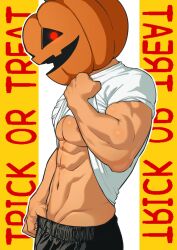 Rule 34 | 1boy, bara, clothes lift, cowboy shot, finger under clothes, from side, glowing, glowing eyes, groin, halloween, halloween costume, hidora art, highres, jack-o&#039;-lantern head, large pectorals, lifted by self, looking at viewer, male focus, muscular, muscular male, original, pectorals, red eyes, shirt, shirt lift, sideways glance, solo, t-shirt, trick or treat, underpec