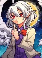 Rule 34 | 1girl, 1jumangoku, ahoge, bow, bowtie, breasts, brooch, closed mouth, collared dress, commentary, dress, eyebrows hidden by hair, feathered wings, grey hair, hair between eyes, hand up, index finger raised, jacket, jewelry, kishin sagume, long sleeves, medium hair, night, night sky, open clothes, open jacket, purple brooch, purple dress, red bow, red bowtie, red eyes, sagume day, single wing, sky, small breasts, solo, touhou, white wings, wings, yellow jacket