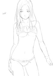 Rule 34 | 1girl, belt, chest belt, greyscale, hand on own hip, highres, looking at viewer, monochrome, niwatazumi, o-ring, o-ring top, original, panties, parted bangs, short hair, sketch, smile, solo, underwear