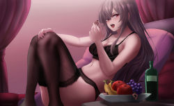 Rule 34 | bra, breasts, brown hair, cleavage, food, fruit, giant, giantess, highres, kuroihassan, lingerie, looking at viewer, nail polish, open mouth, sitting, underwear, vore
