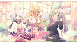 3girls, :3, :d, animal ears, aruya (flosrota), bag, black legwear, blonde hair, blue eyes, book, bookshelf, braid, breasts, bunny ears, cat ears, cat girl, cat tail, character request, commission, copyright request, cup, dark skin, disposable cup, dress shirt, eating, fang, flat chest, food, frilled skirt, frills, green eyes, hood, hood down, hoodie, horns, large breasts, long hair, long sleeves, looking at viewer, miniskirt, multiple girls, open mouth, plaid, plaid skirt, pleated skirt, pocky, purple legwear, shirt, short hair, sitting, skirt, smile, striped, striped legwear, stuffed animal, stuffed bunny, stuffed cat, stuffed toy, sweater, table, tail, thighhighs, twin braids, wariza, white hair, white shirt, yellow eyes, zettai ryouiki