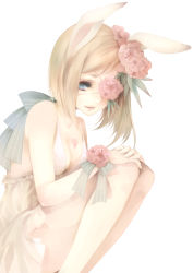 Rule 34 | 1girl, animal ears, blonde hair, blue eyes, breasts, cleavage, eyepatch, flower, hair flower, hair ornament, heart, highres, kai (linking), original, rabbit ears, short hair, simple background, small breasts, solo, squatting, white background